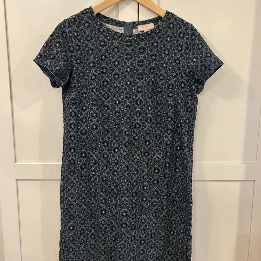 LOFT Blue Printed Crew Neck Mini Dress